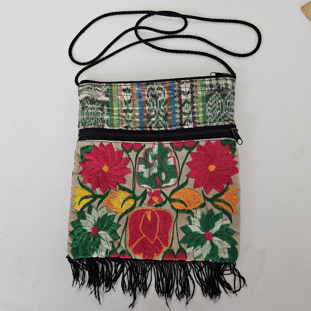 Embroidered Lightweight Crossbody Fringe 7' X 8"  Cottagecore  Boho